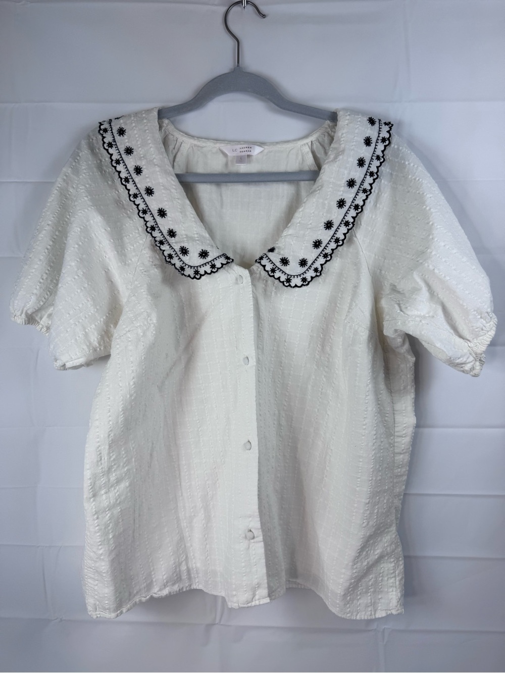 LC Lauren Conrad Large Cream Embroidered Collar Puff Sleeve Cotton Blouse